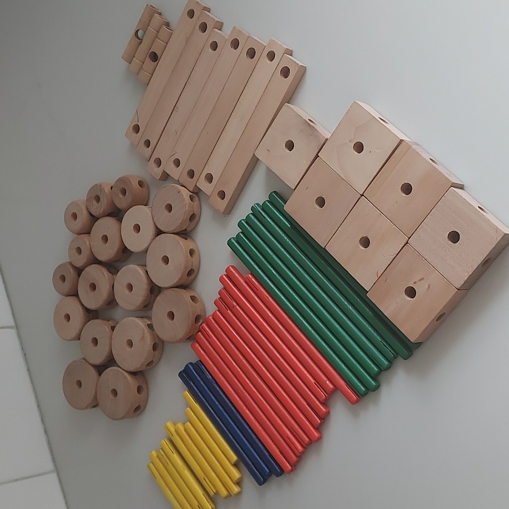 Wood Tinker Toys Lot 68 Pieces Building Toy Blocks